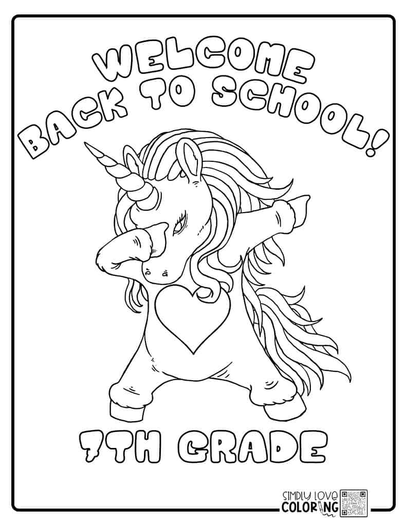 Welcome back to school 7th grade with unicorn dabbing free back to school coloring pages simplylovecoloring.com