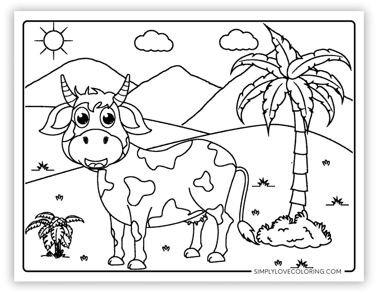 Cow standing in the desert coloring page for kids