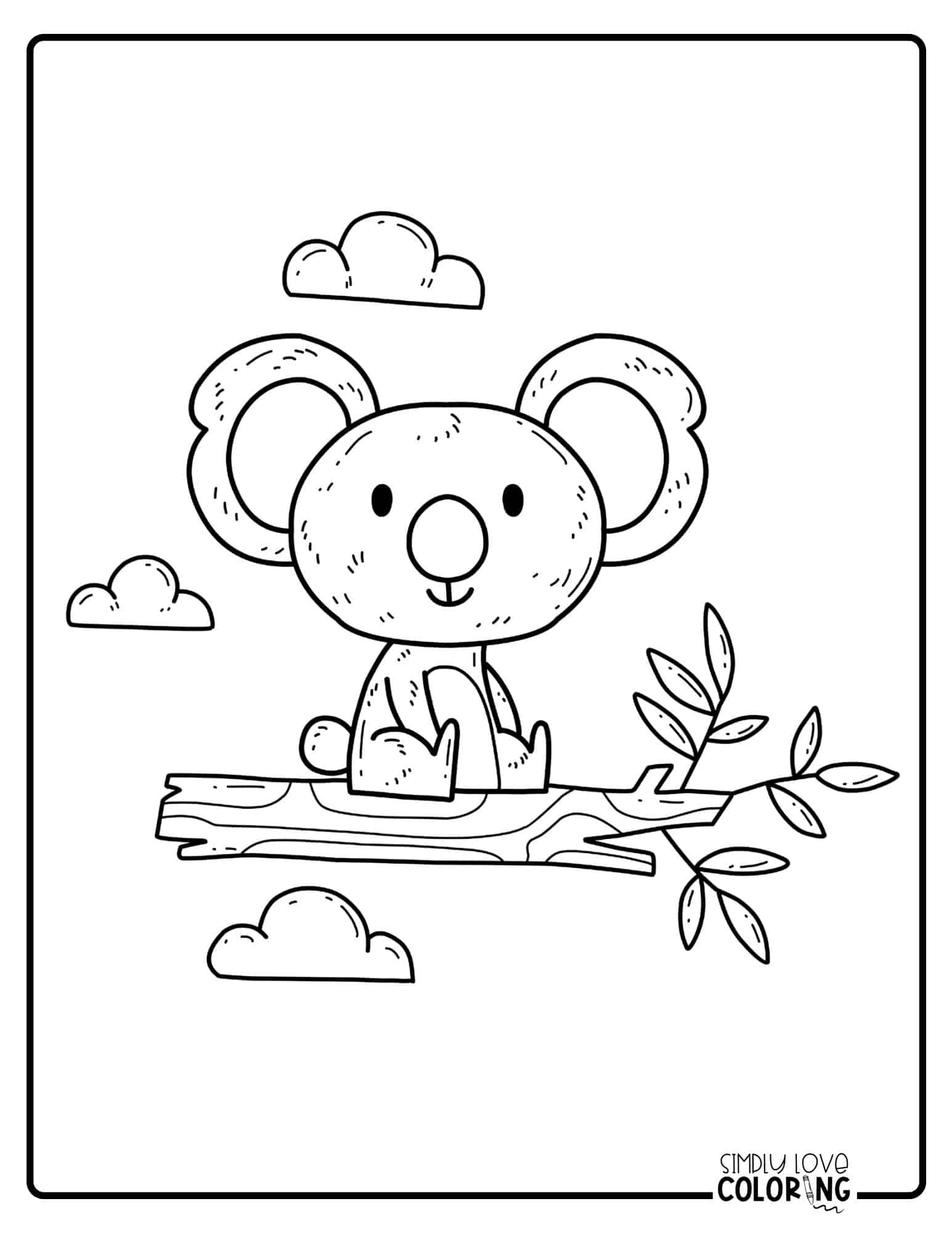 Free Koala Bear Coloring Pages - Cute Koala Sitting On A Tree Branch With Leaves In Clouds SimplyLoveColoring.Com
