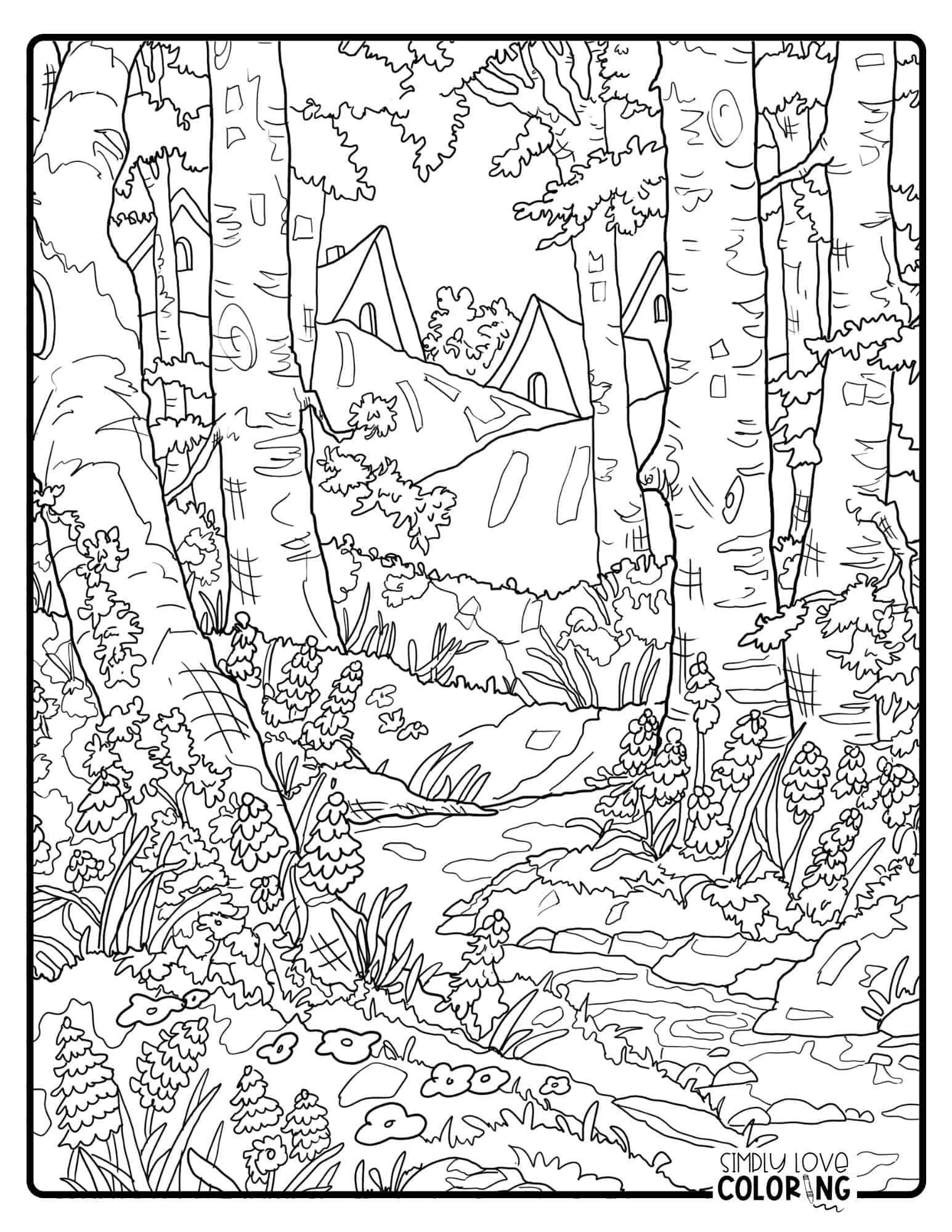 Forest Coloring Pages Free PDF - Houses Surrounded By Trees And Flowers SimplyLoveColoring.Com