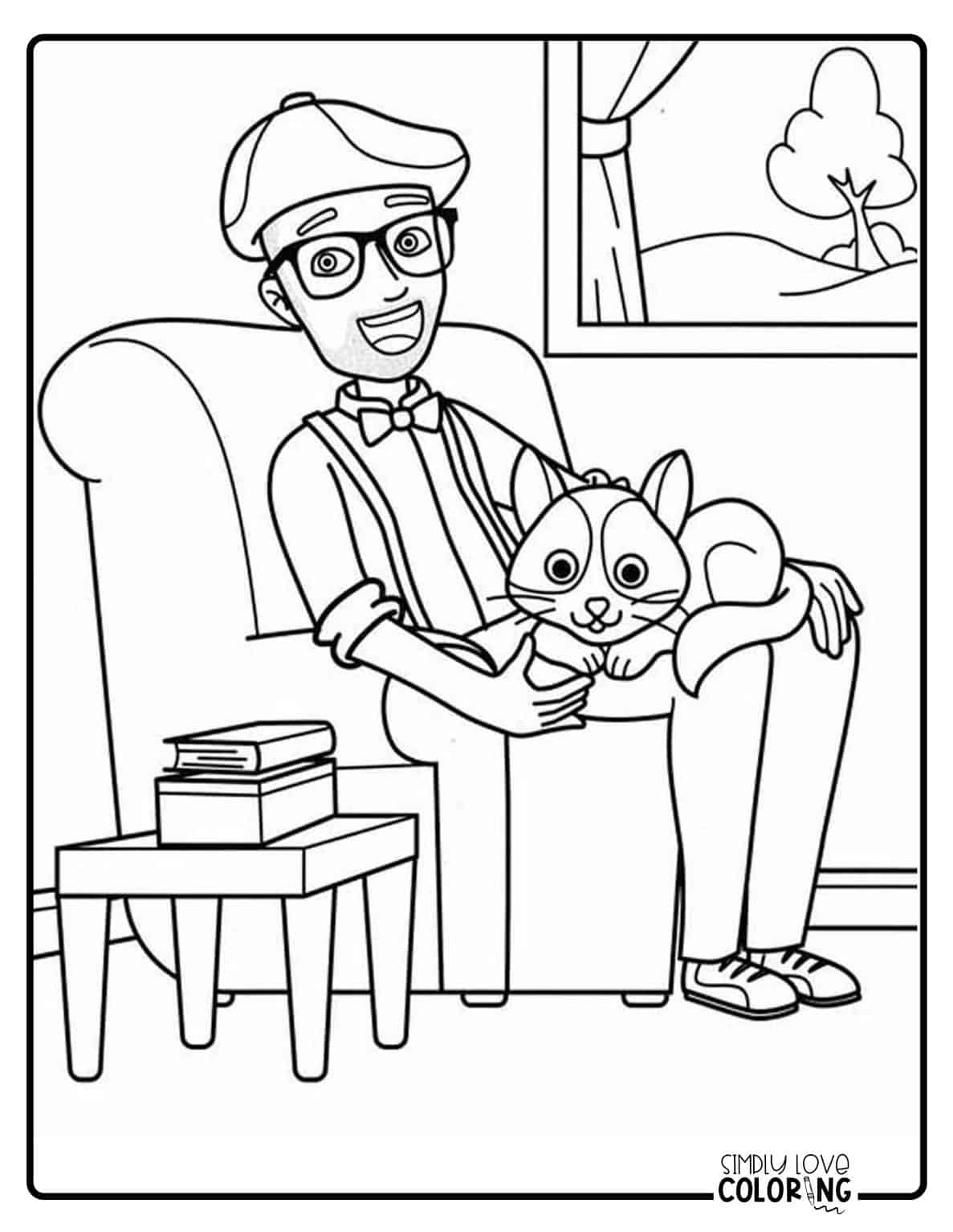 Blippi Coloring Pages Free PDF - Blippi Sitting With A Cat On Lap Free Blippi Coloring Pages Simplyloveprintables.com 1187x1536 