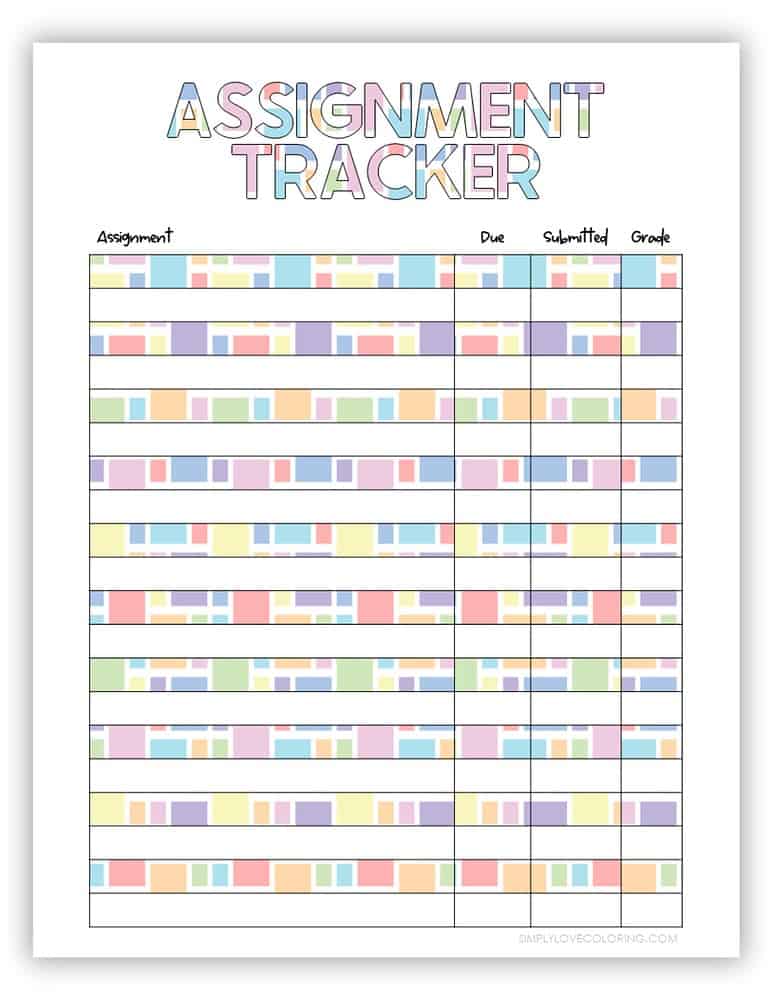 Assignment Trackers (Free PDF Printables) - Simply Love Coloring