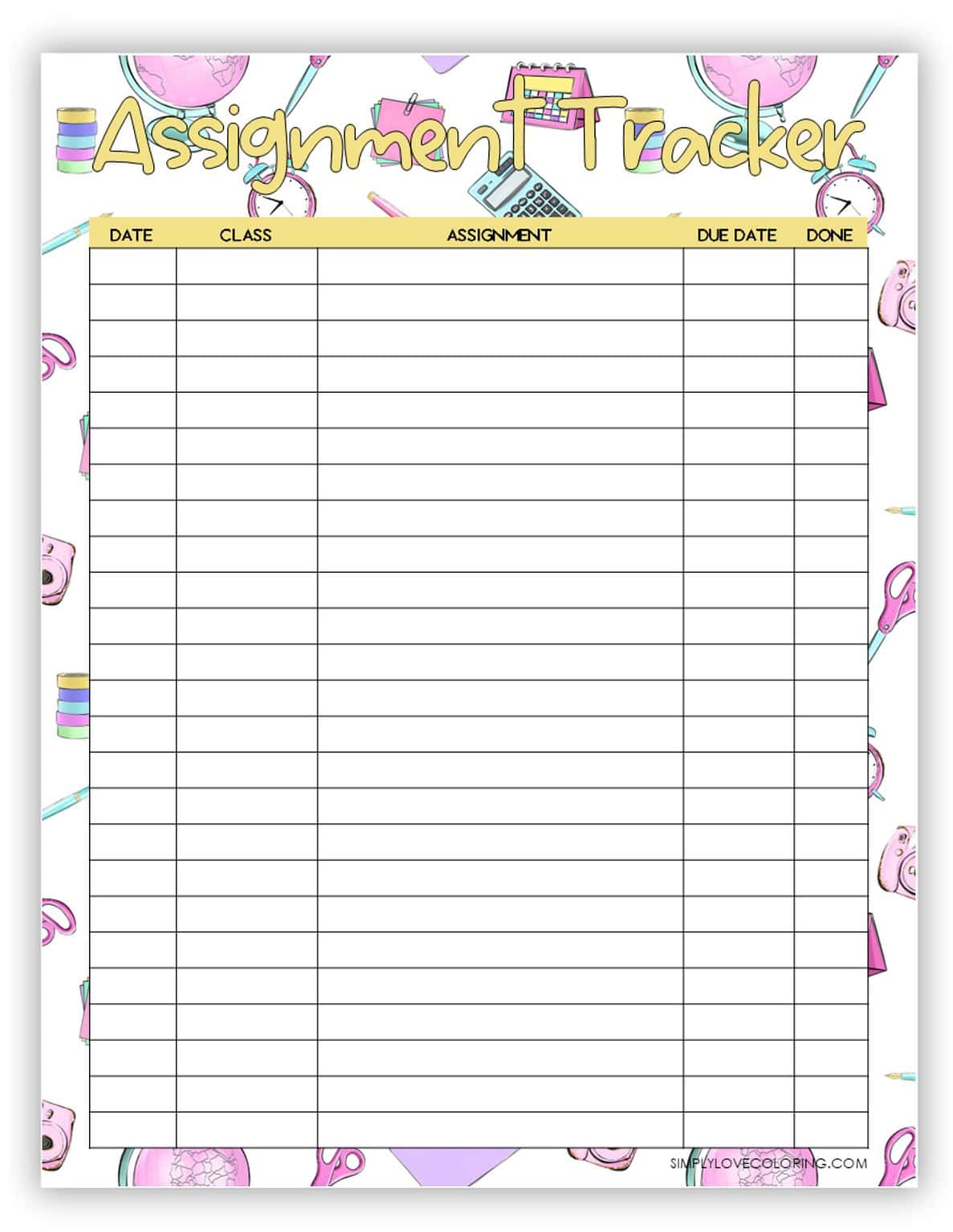Assignment Trackers (Free PDF Printables) - Simply Love Coloring
