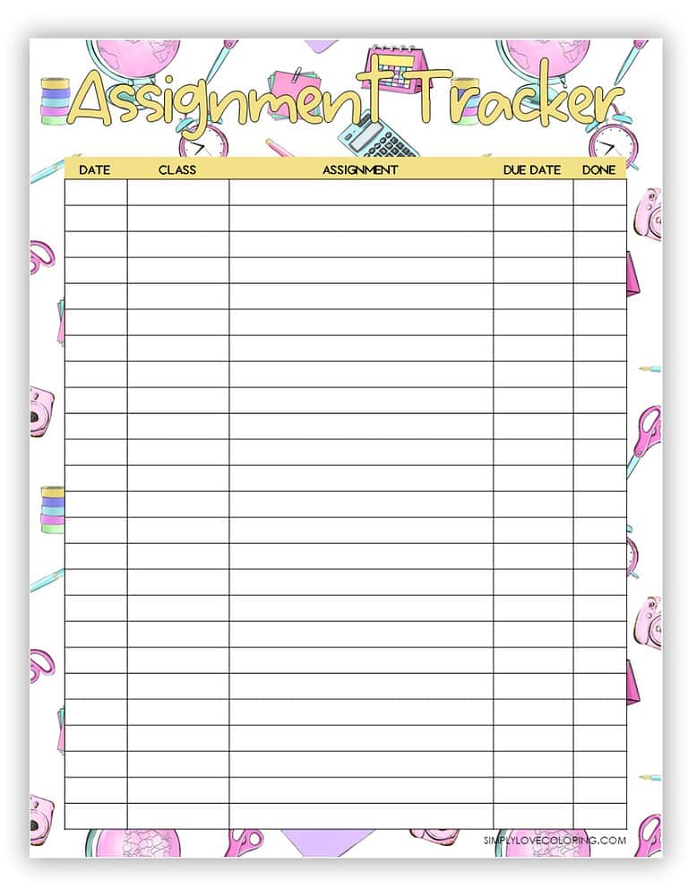 Assignment Trackers (Free PDF Printables) - Simply Love Coloring