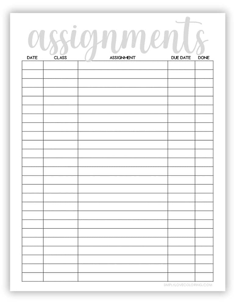 Assignment Trackers (Free PDF Printables) - Simply Love Coloring