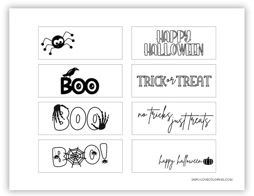 Black and white printable Halloween tags simplylovecoloring.com
