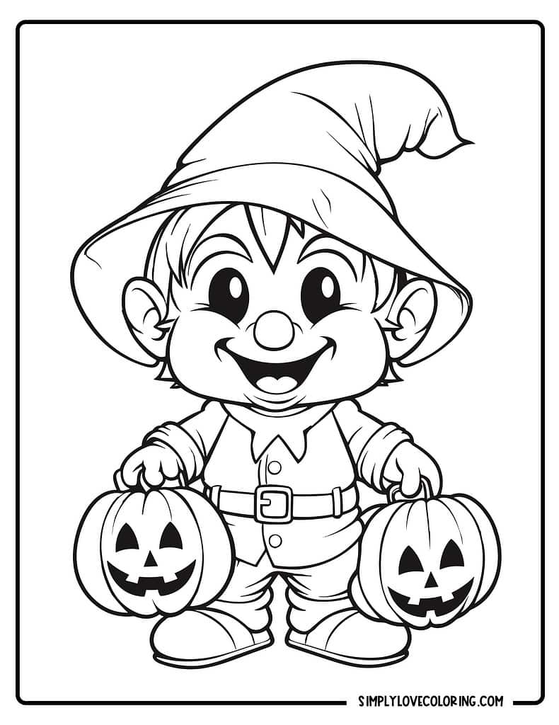 Cute gnome holding pumpkin buckets Halloween coloring pages simplylovecoloring.com