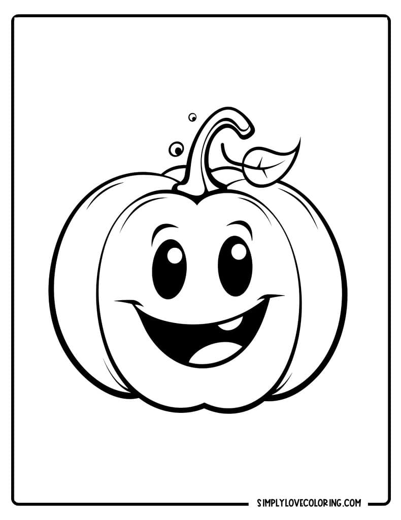 Smiling pumpkin with one tooth and leaf Halloween coloring pages simplylovecoloring.com