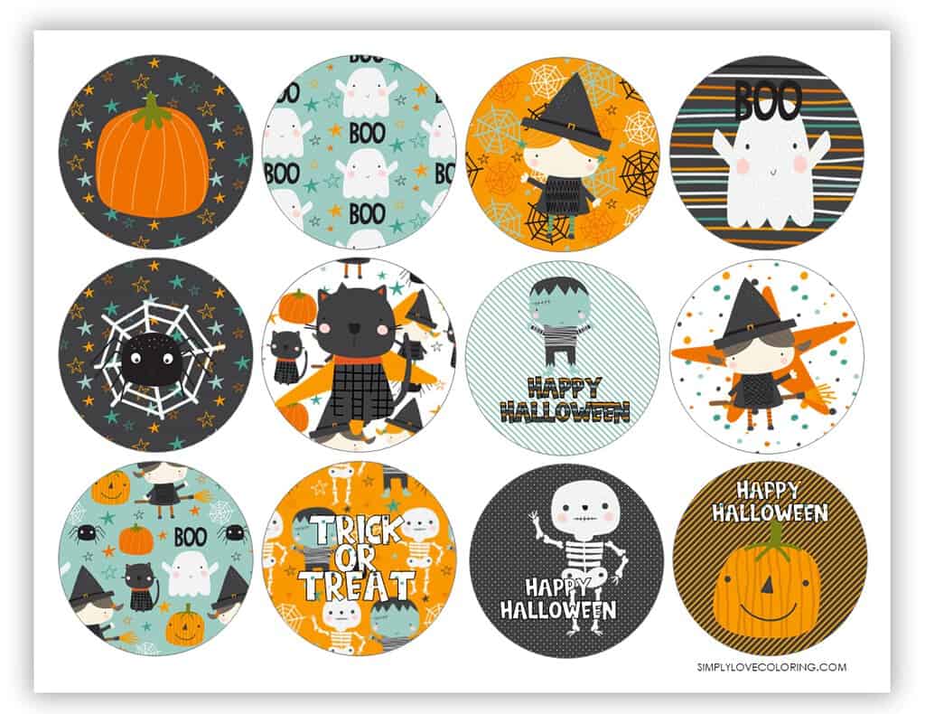 Orange blue gray white circle printable Halloween tags simplylovecoloring.com