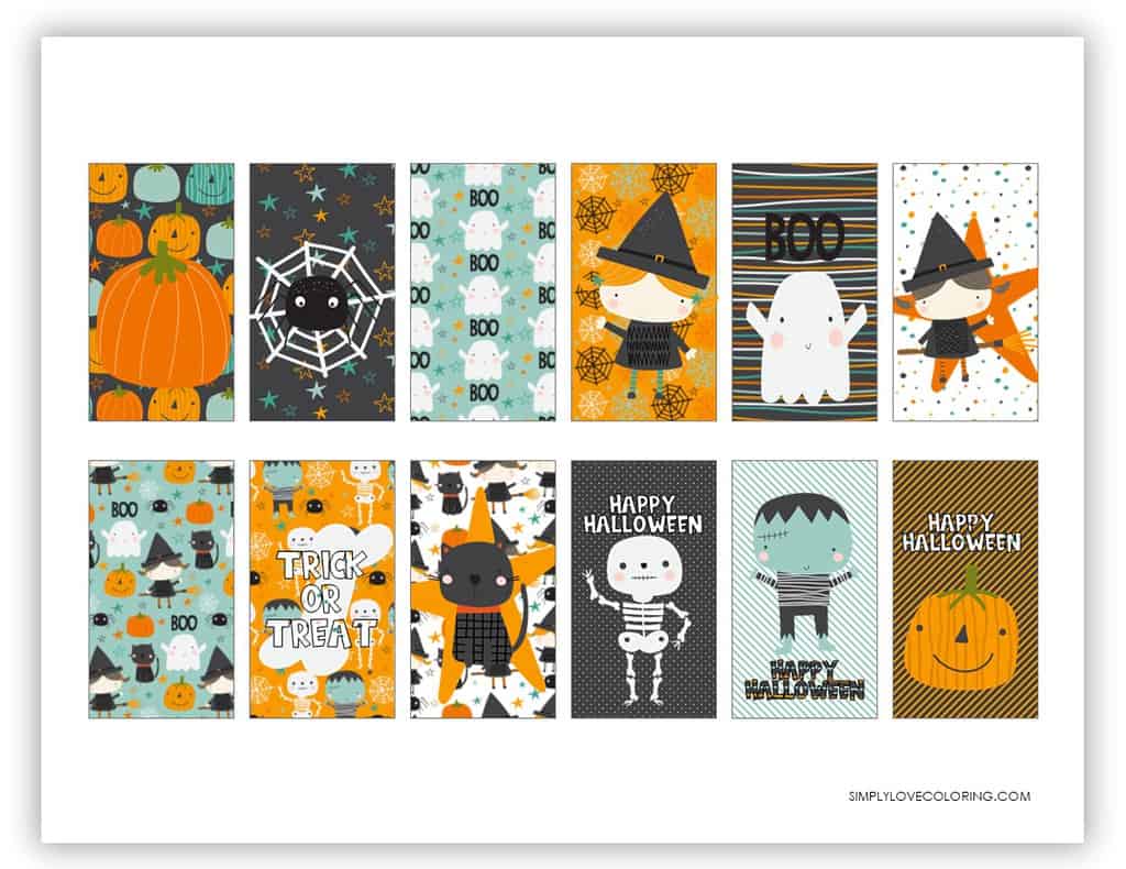 Orange blue gray white rectangle printable Halloween tags simplylovecoloring.com