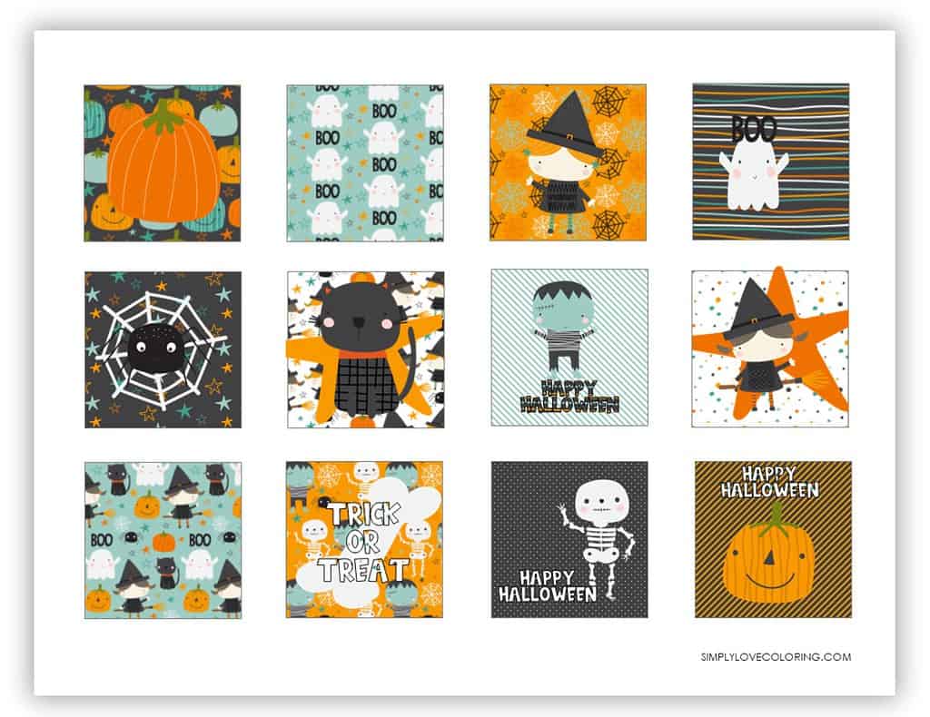 Orange blue gray white square printable Halloween tags simplylovecoloring.com