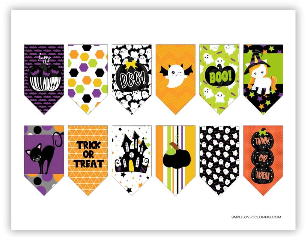 Orange purple green yellow black flag printable Halloween tags simplylovecoloring.com