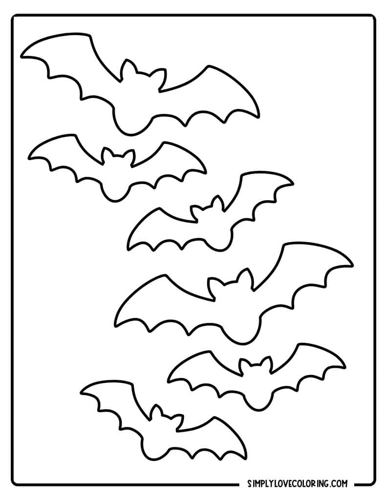 Six bats flying Halloween coloring pages simplylovecoloring.com