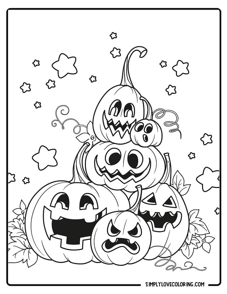 Six pumpkins stacked on top of each other Halloween coloring pages simplylovecoloring.com