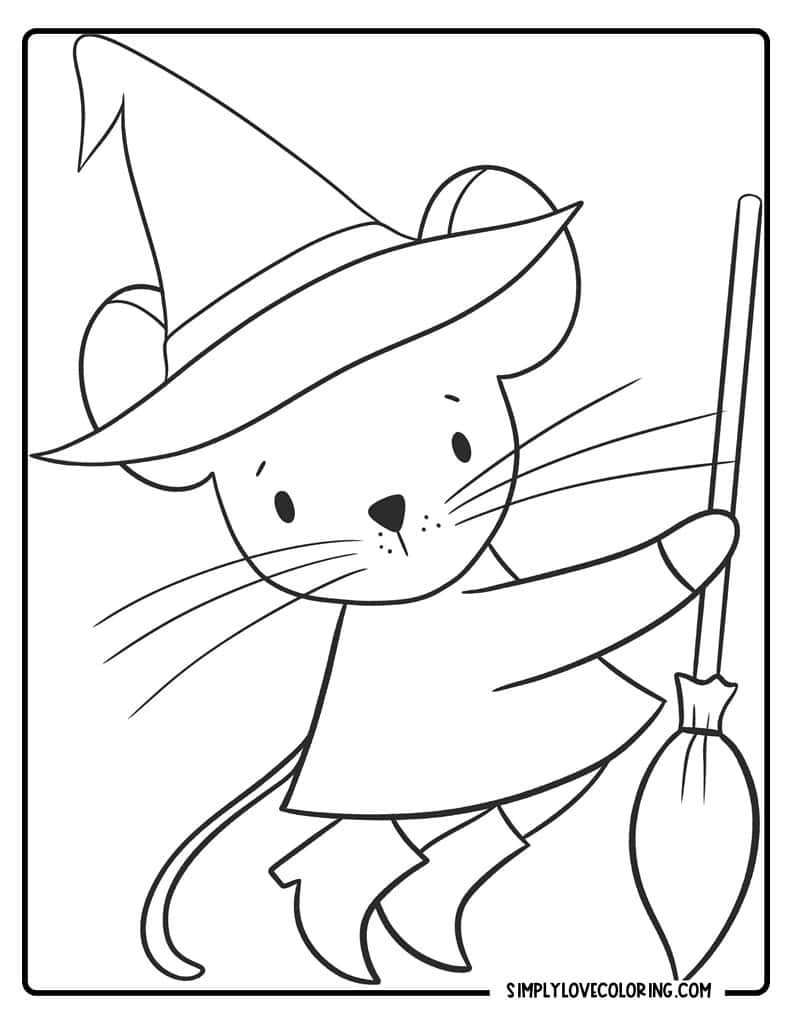 Witch mouse with broom Halloween coloring pages simplylovecoloring.com