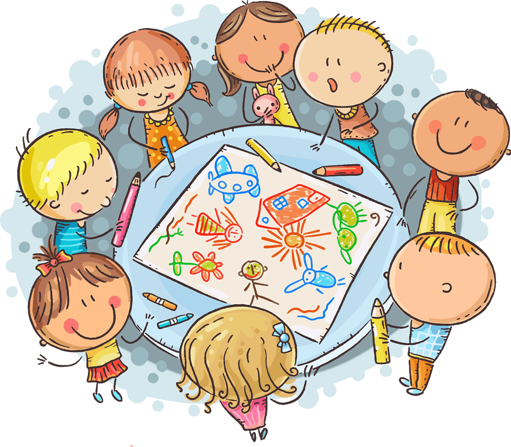 children sitting around table coloring pictures together