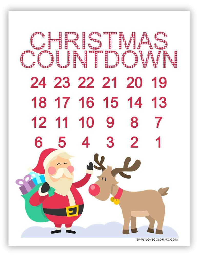 12 Christmas Countdown Calendars - Santa Reindeer Christmas Countdown 1 Printable Christmas Countdown Simplylovecoloring.com 768x994 