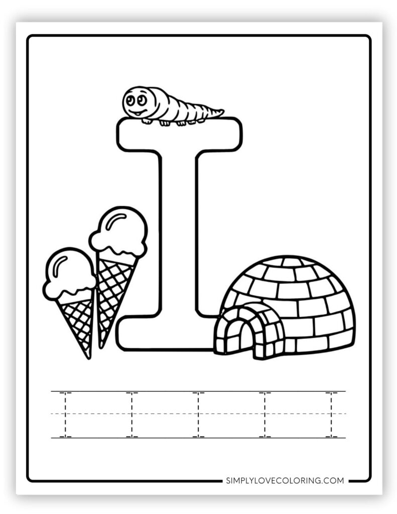Uppercase I Alphabet and tracing free alphabet coloring page