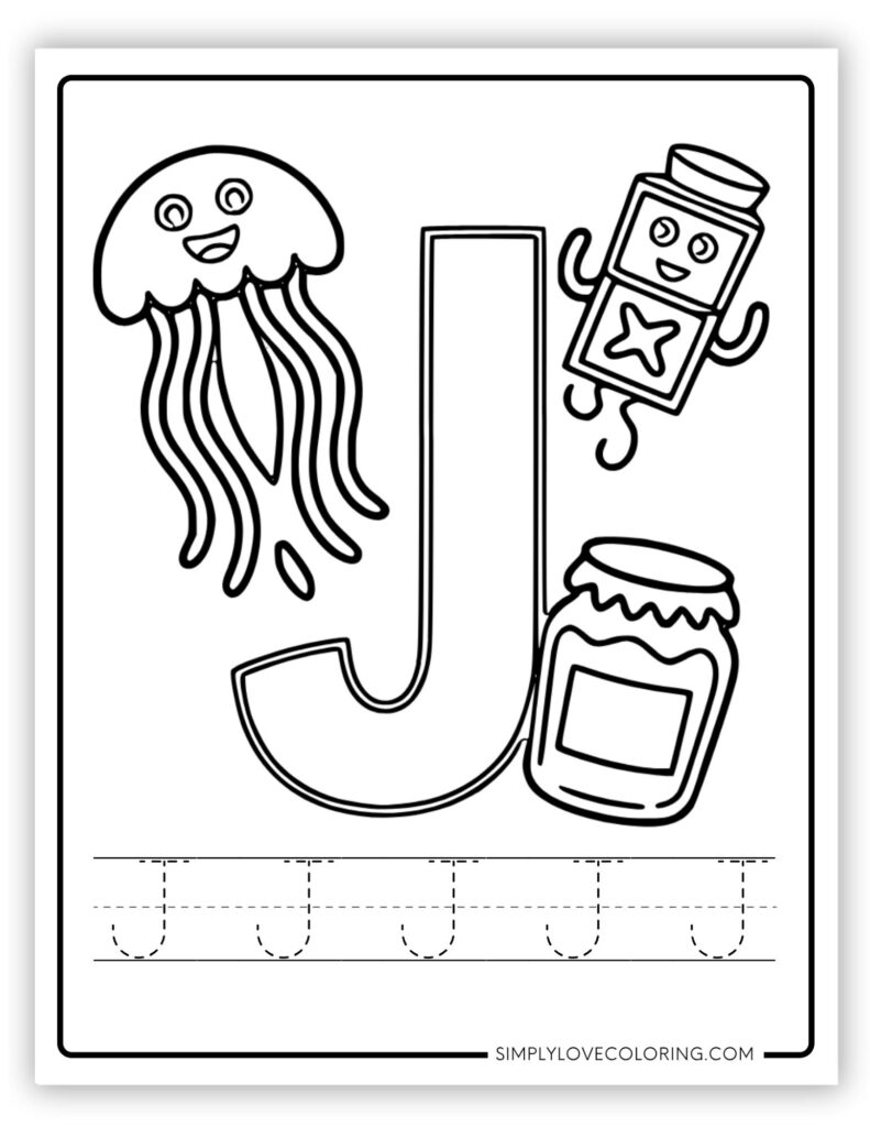 Uppercase J Alphabet and tracing free alphabet coloring page