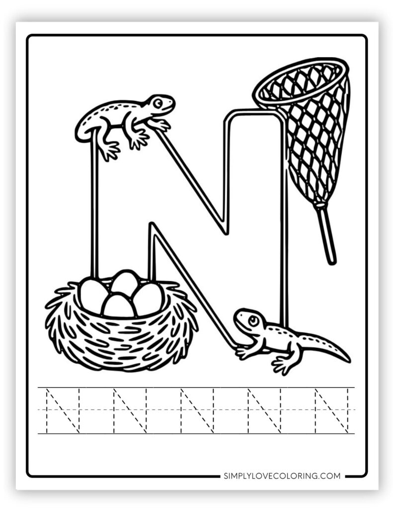 Uppercase N Alphabet and tracing free alphabet coloring page