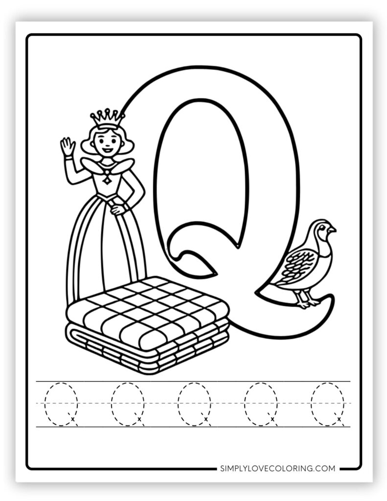 Uppercase Q Alphabet and tracing free alphabet coloring page
