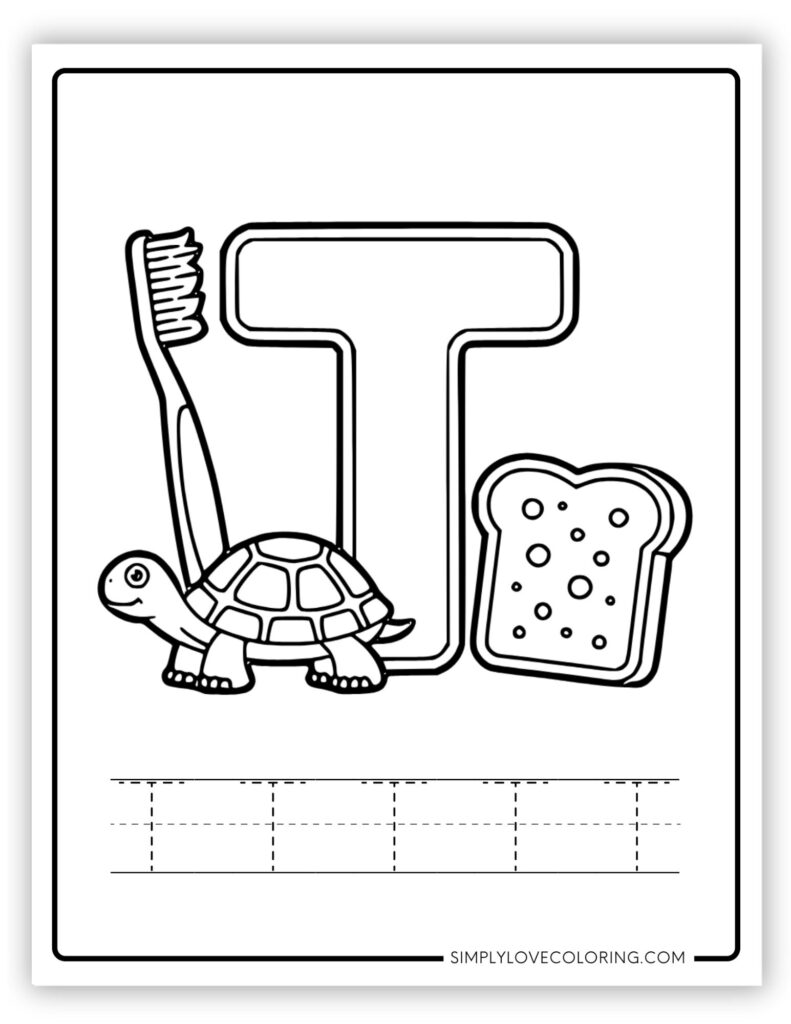 Uppercase T Alphabet and tracing free alphabet coloring page