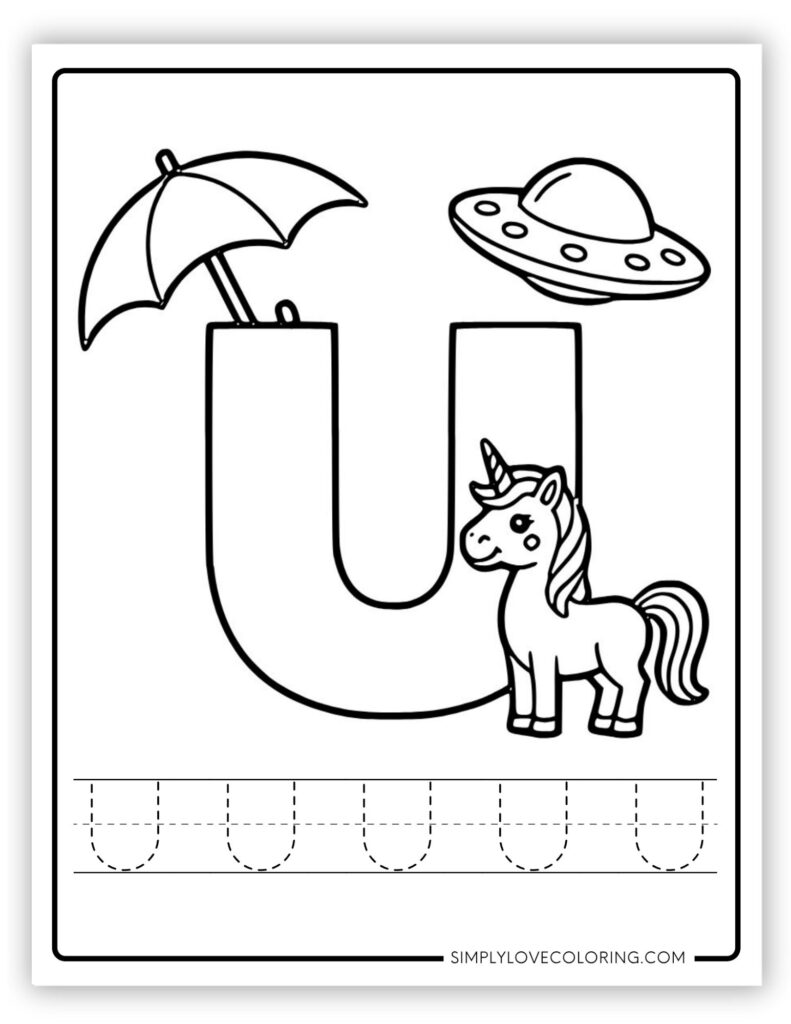 Uppercase U Alphabet and tracing free alphabet coloring page