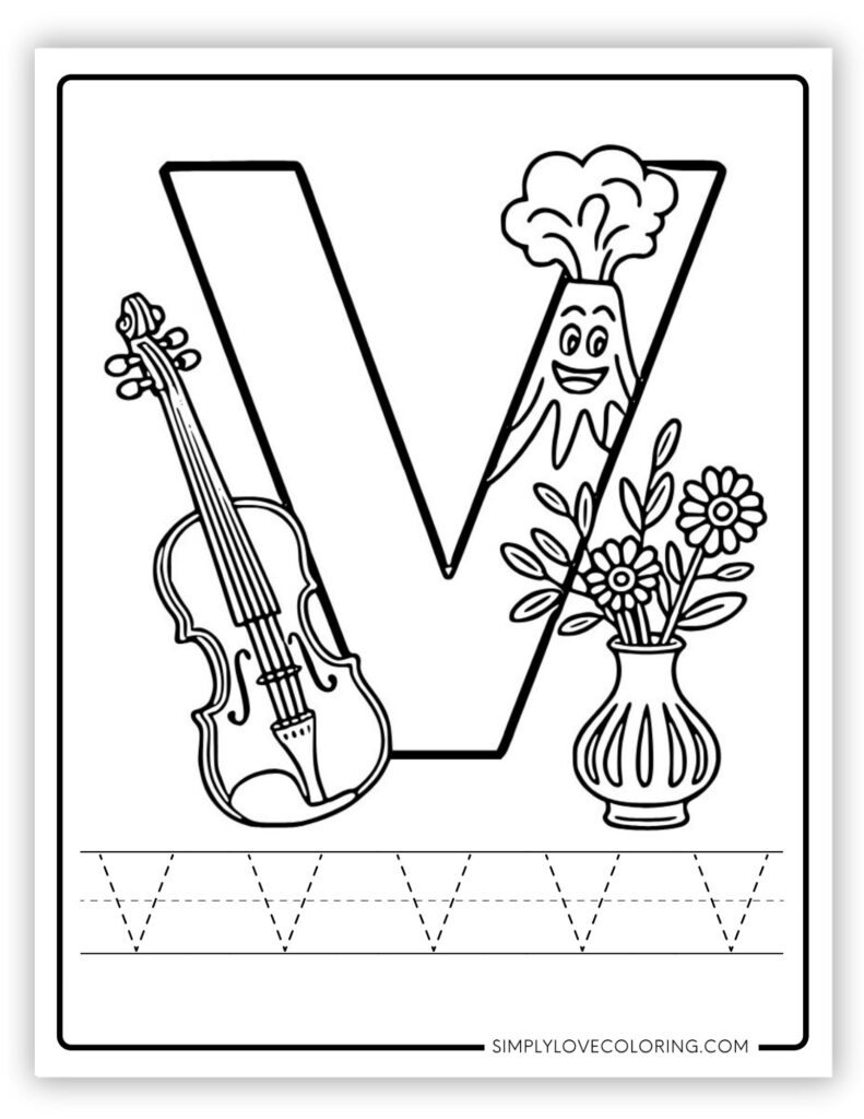 Uppercase V Alphabet and tracing free alphabet coloring page