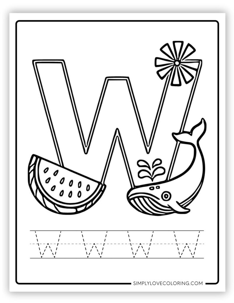 Uppercase W Alphabet and tracing free alphabet coloring page