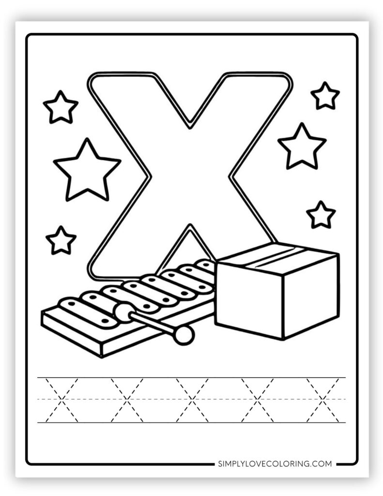 Uppercase X Alphabet and tracing free alphabet coloring page