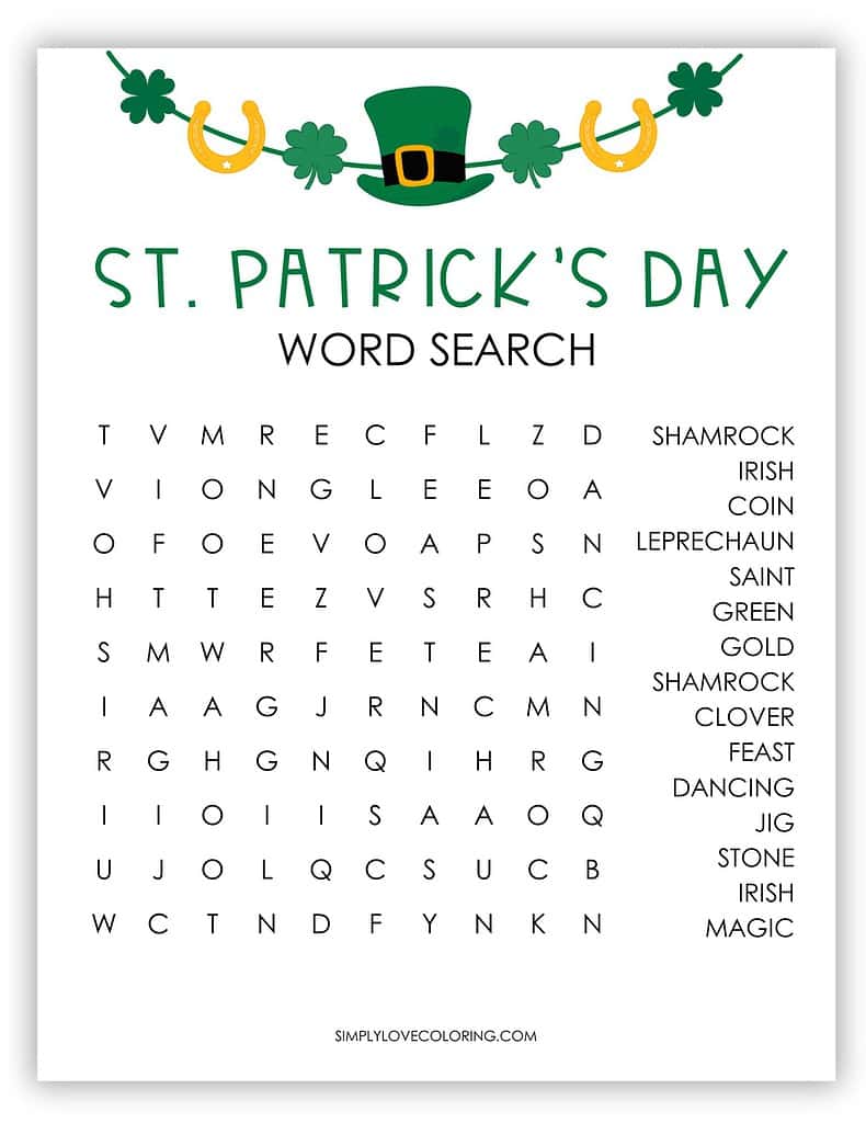 10 x 10 medium difficulty St. Patrick's Day word search