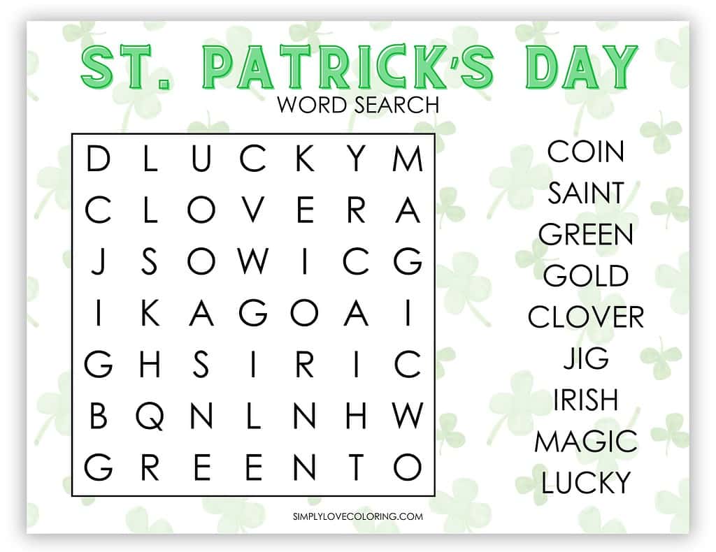 7 x 7 easy St Patricks Day word search