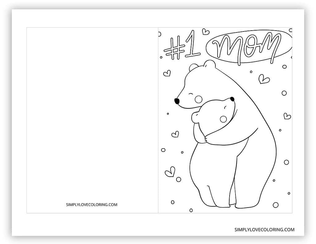#1 Mom polar bears hugging printable Mother's Day cards to color
