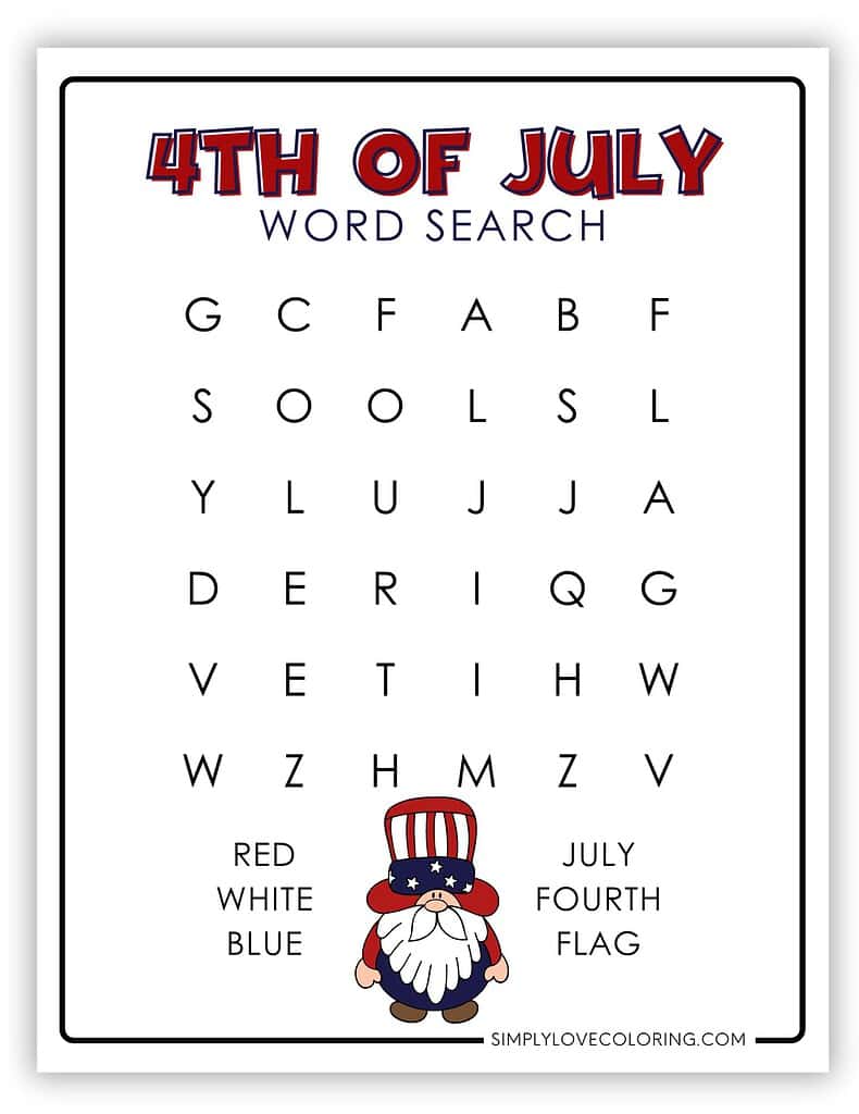 Easy 4th of July Independence day word search