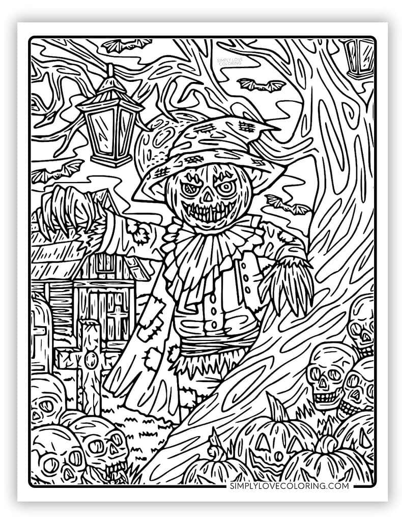 Spooky Halloween scarecrow in field scarecrow coloring pages