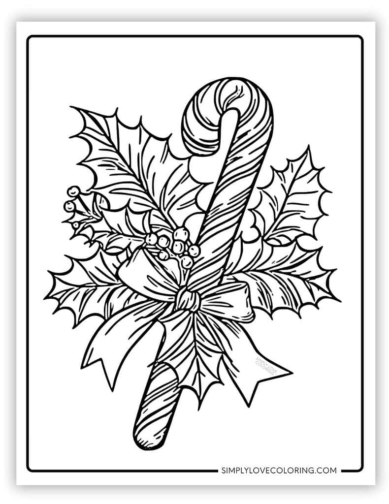 Candy cane surrounded by holly candy cane coloring page