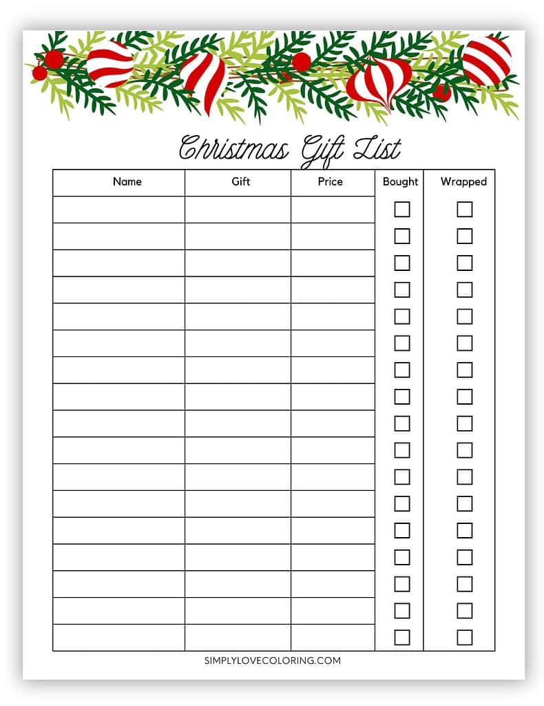 Christmas Gift List Christmas List Printable