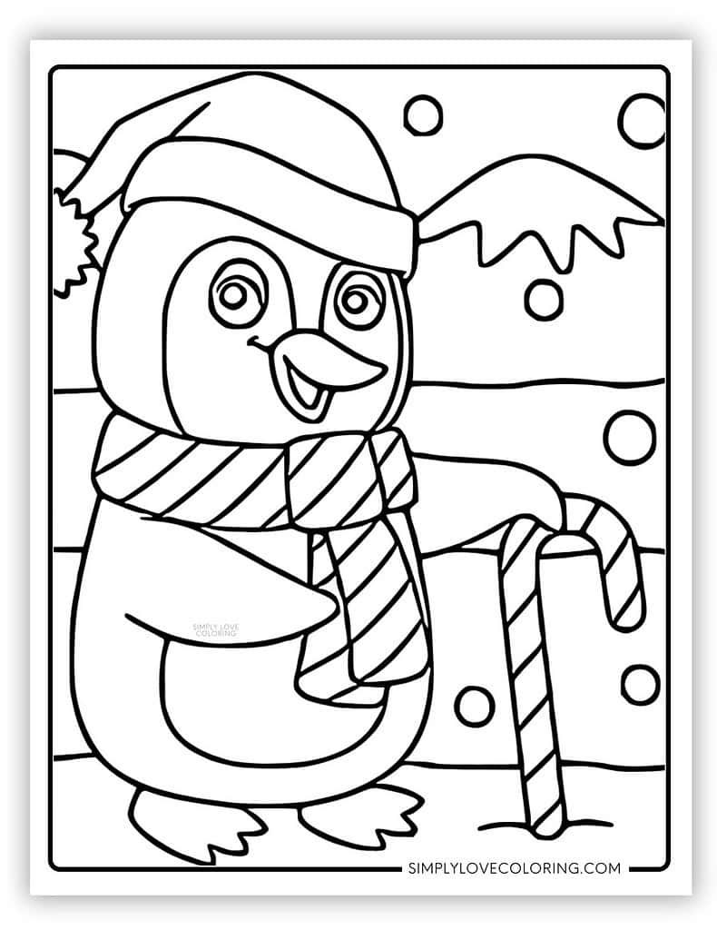 Cute penguin holding candy cane coloring pages