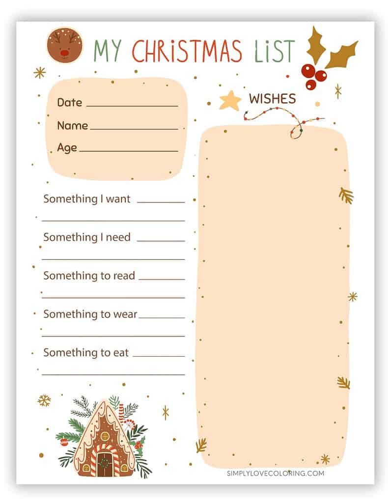 Gingerbread My Christmas List Printable