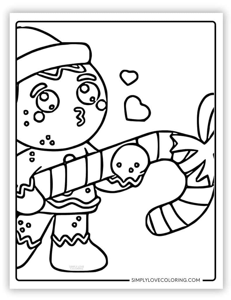 Gingerbread holding candy cane coloring pages
