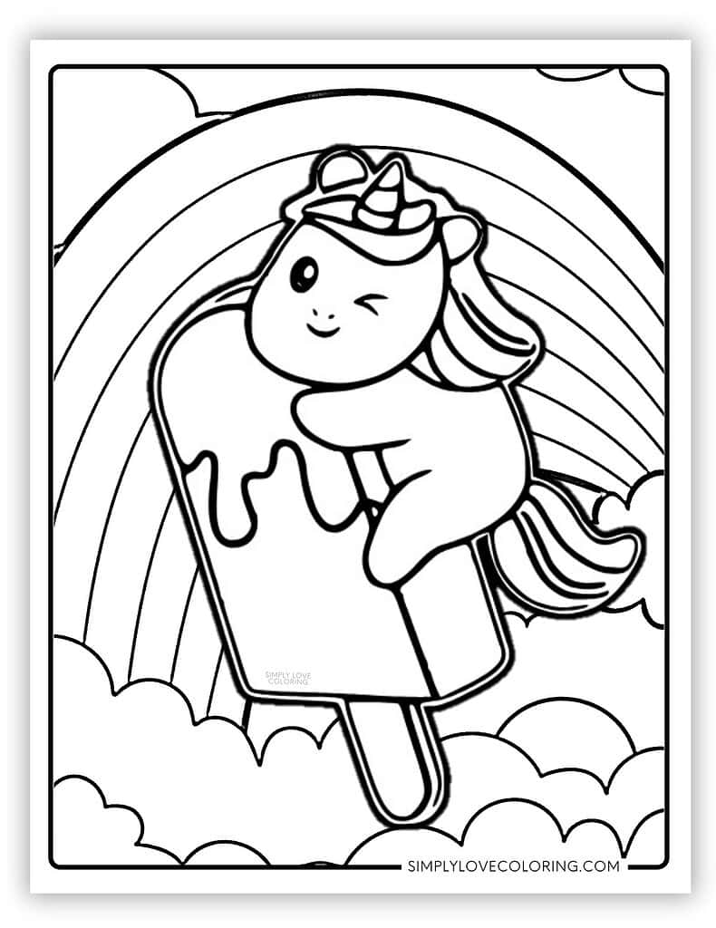 Unicorn riding a popsicle coloring page