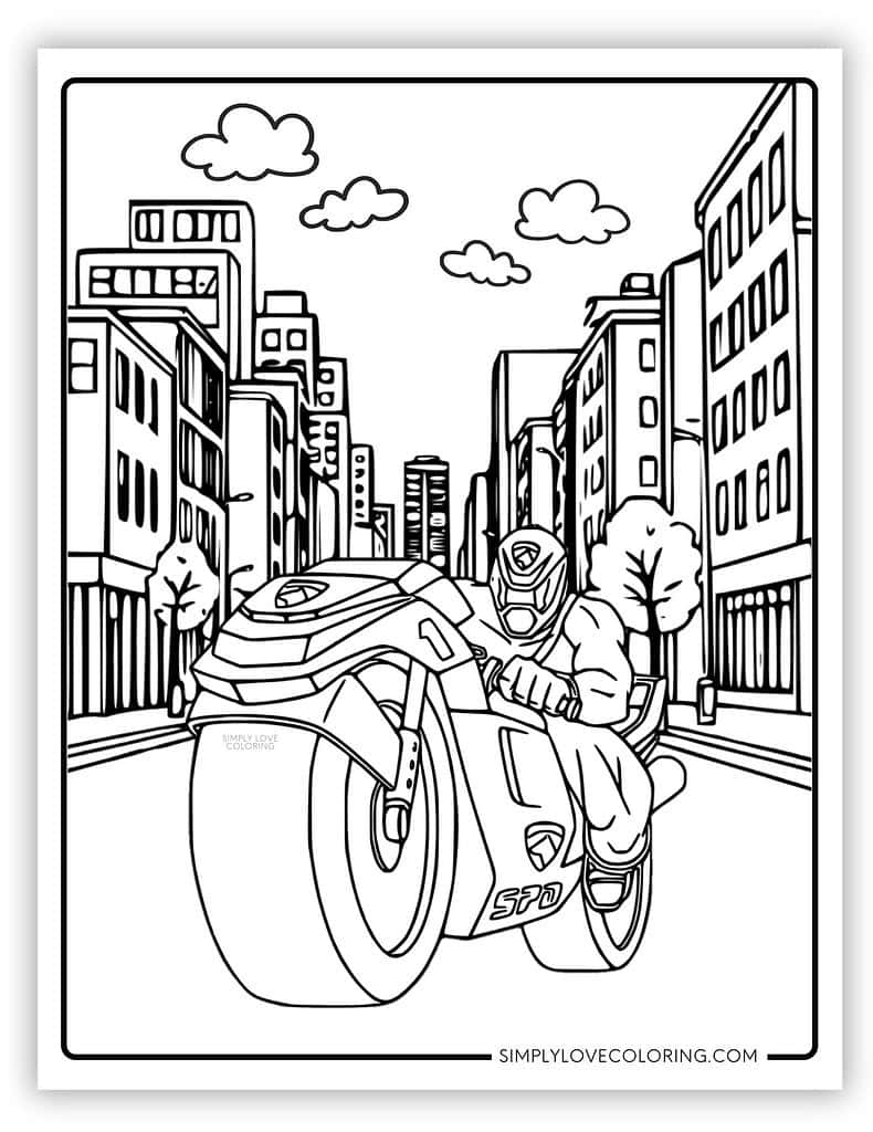 Power Ranger driving motorcycle in city Power Rangers Coloring Page