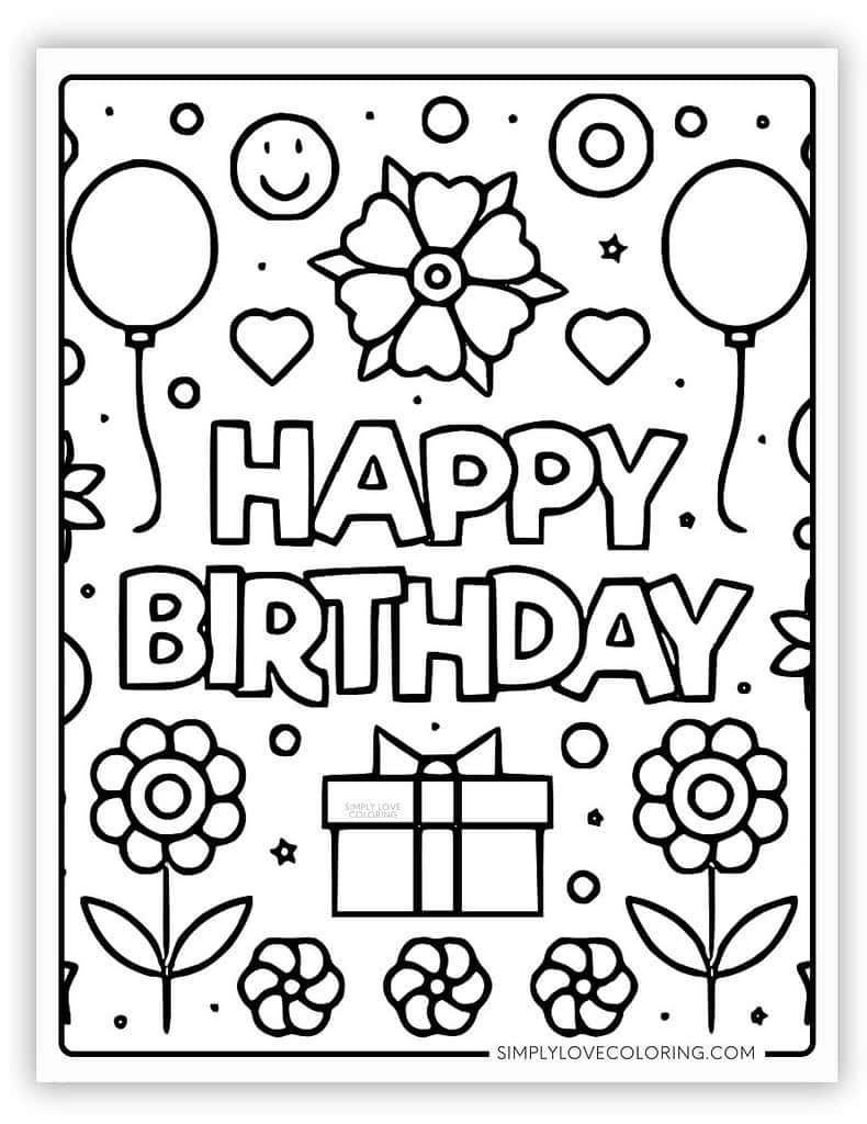 Balloons and Flowers Happy Birthday Coloring Page