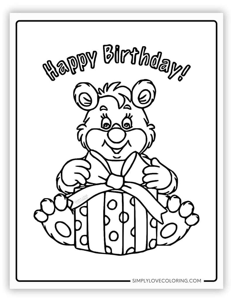 Bear holding present Happy Birthday Coloring Page