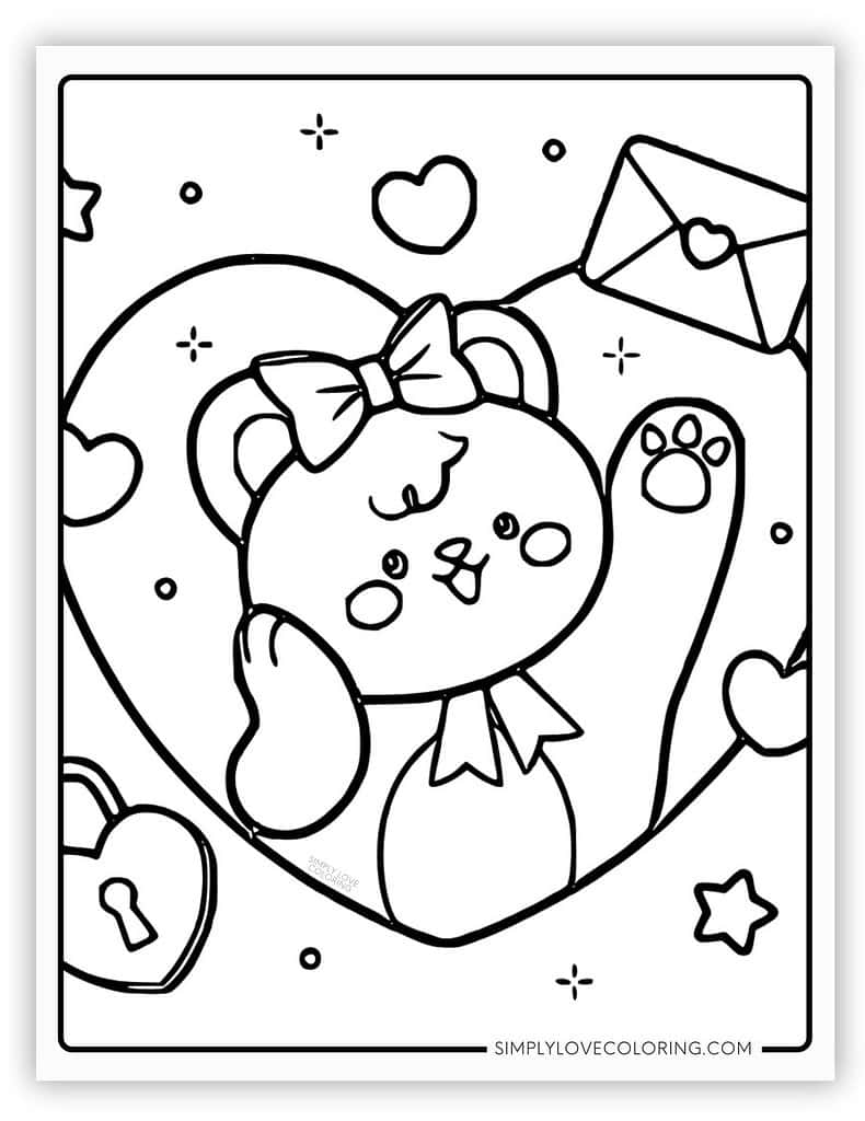 Bear in Heart Kawaii Coloring Picture