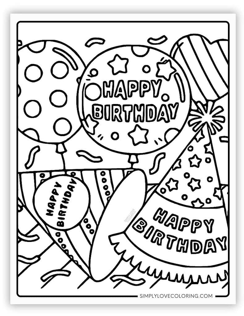 Birthday Hats and Balloons Happy Birthday Coloring Page