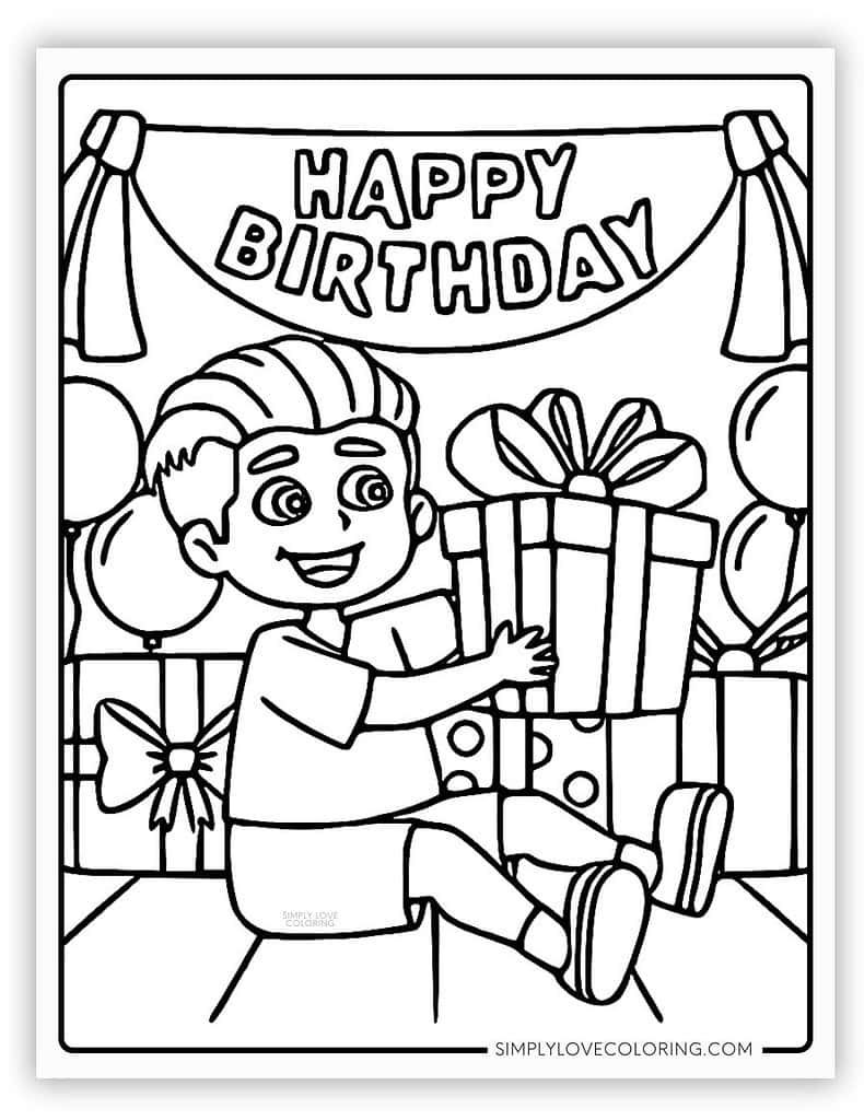 Boy holding present Happy Birthday Coloring Page