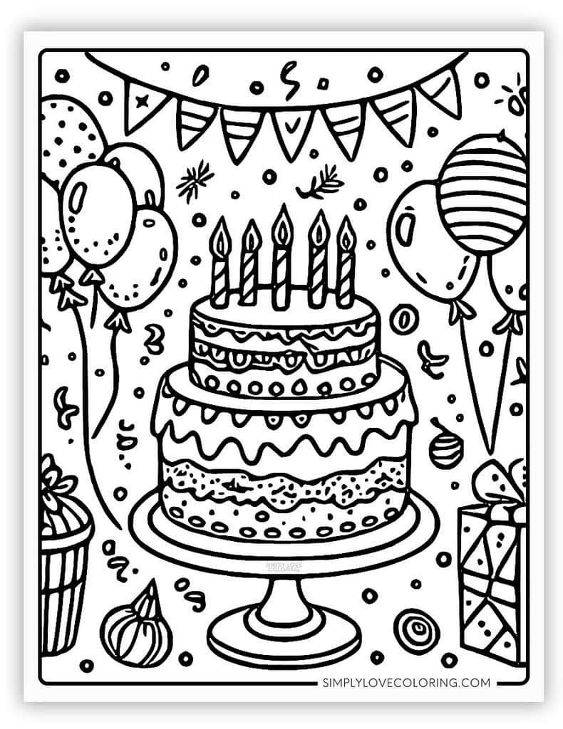 Cake and Balloons Happy Birthday Coloring Picture