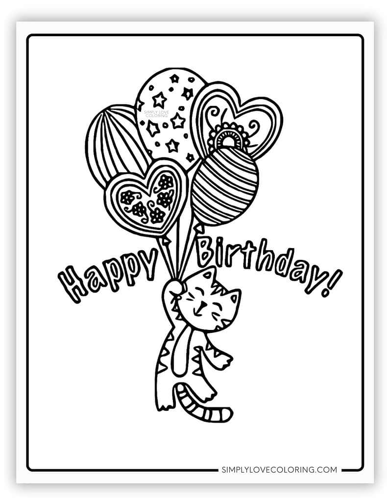 Cat holding ballons Happy Birthday Coloring Page