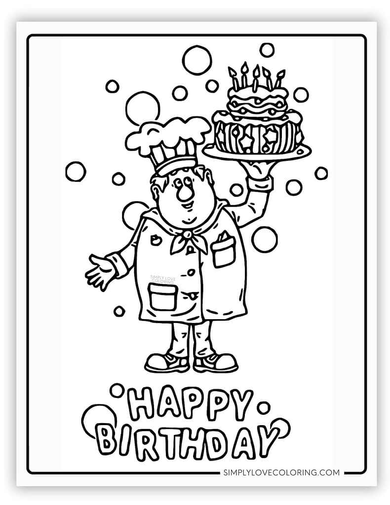 Chef holding cake Happy Birthday Coloring Page
